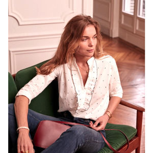 Sezanne EFFY Shirt Ruffle Button Polka Dots Ecu White Cotton sz XS to S